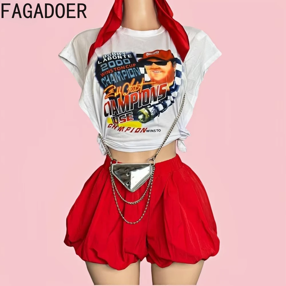 

FAGADOER White Fashion Side Slit Top Streetwear Women Round Neck Sleeveless Tshirt And Puffy Shorts Two Piece Sets Outfits 2024