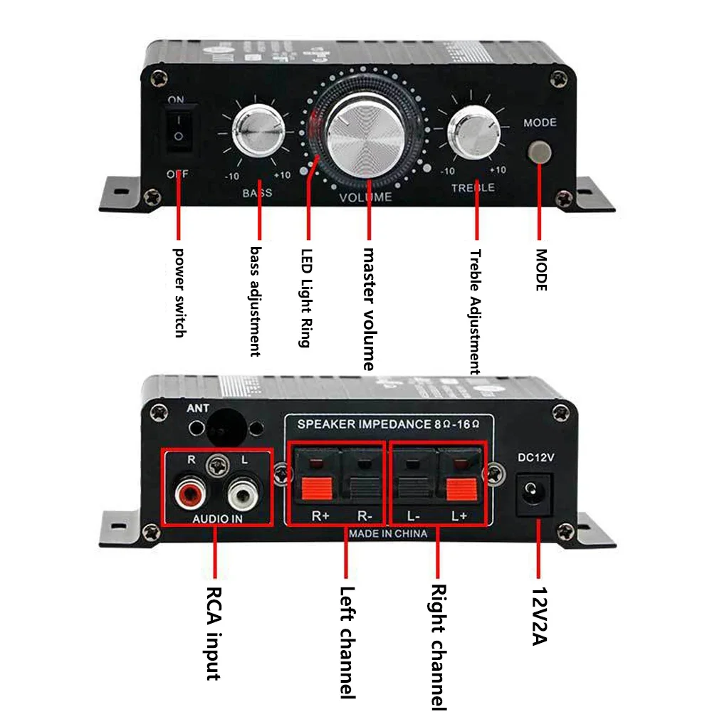 Bluetooth Eindversterker 2.0 Kanaals HIFI Audio Versterkers Bass Amp Bluetooth RCA Audio-ingang voor Thuis AV Systeem 12V3A 30W + 30W