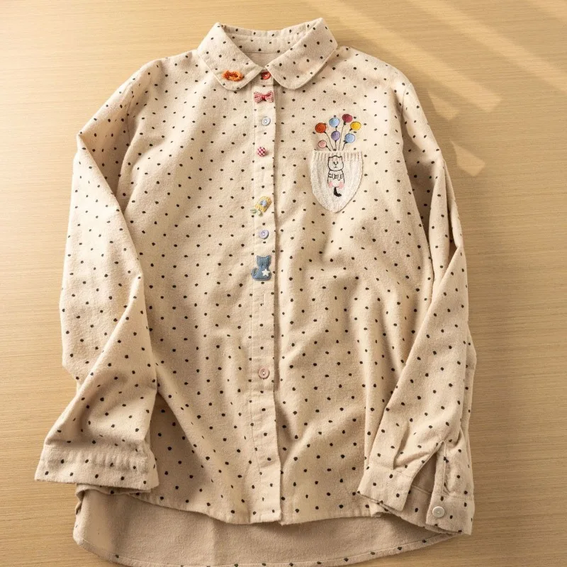 

Women's Polka Dot Embroidered Pocket Shirt Casual Long Sleeve Button Down Blouse