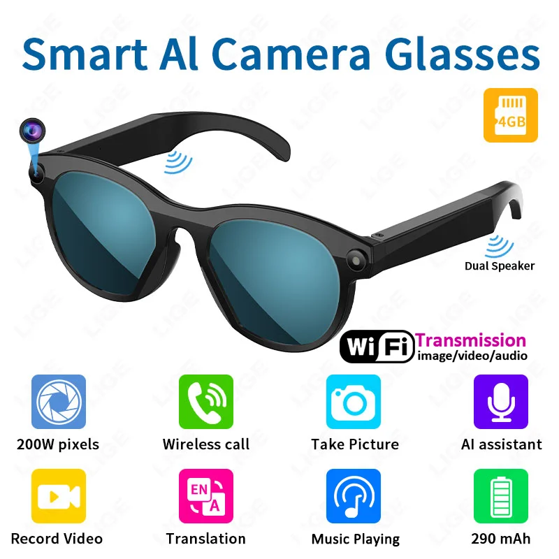 

LIGE New AI 2MP HD Camera Smart Glasses 720P Video Record 290mAh Bluetooth Call Sunglasses Voice Control Translation Eyeglasses