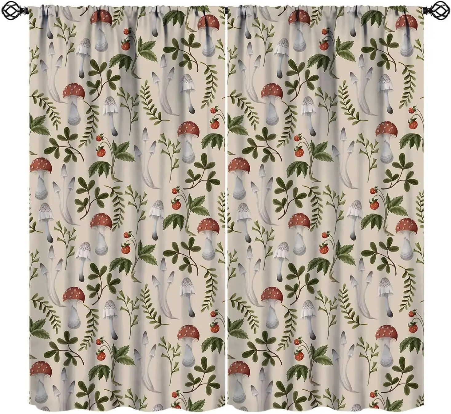 Forest Mushroom Theme Curtain 2 Panels Multi Toadstool Leaf Berry Texture Beige Tone Base Cozy Vintage Living Room Home Curtains