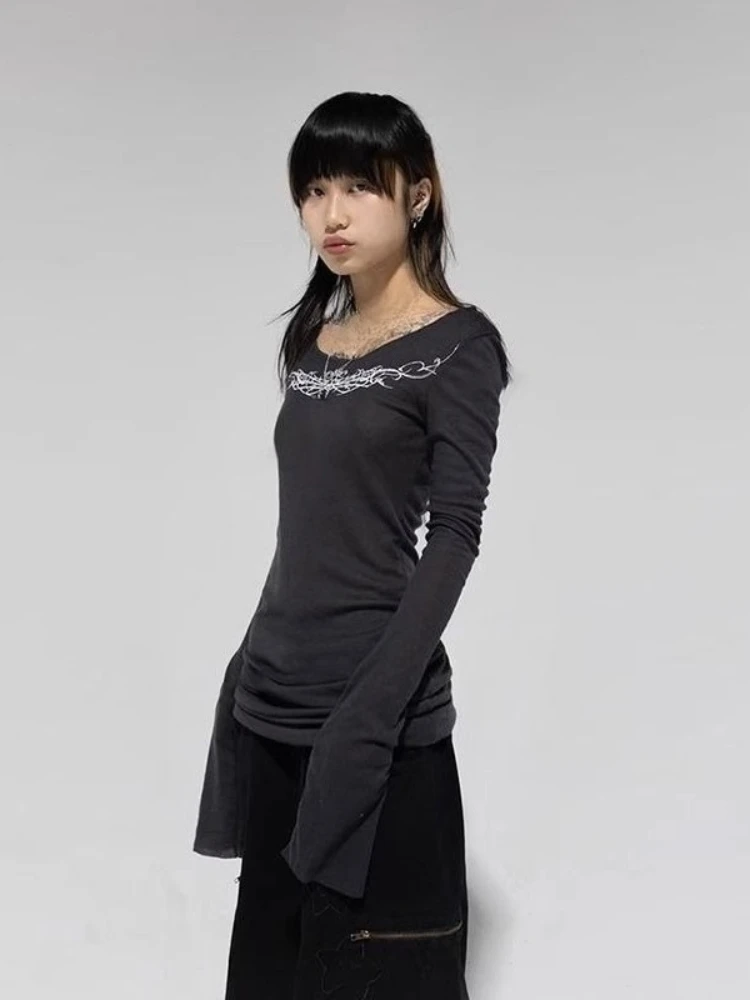 Y2k ريترو ستايل ملابس الشارع الشهير كم طويل تي شيرت المرأة طباعة عادية سليم القمم مثير شيك لون نقي خمر س الرقبة 2025 الخريف #6