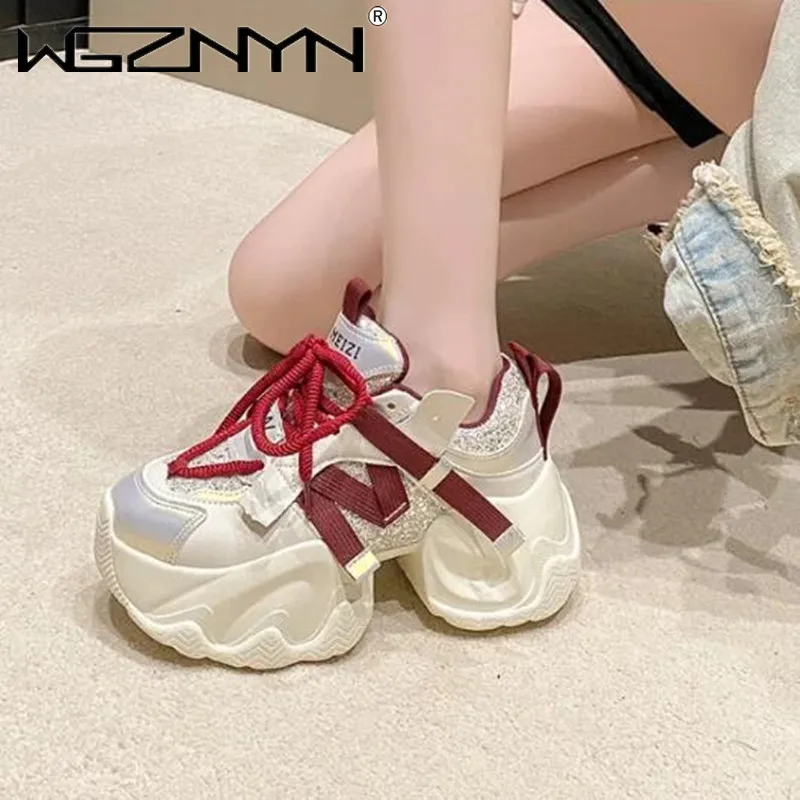 2025 Women Autumn Spring Chunky Sneakers Thick Bottom Leather High Platform Vulcanize Shoe Bling Casual Sports Dad Shoes 6.5CM