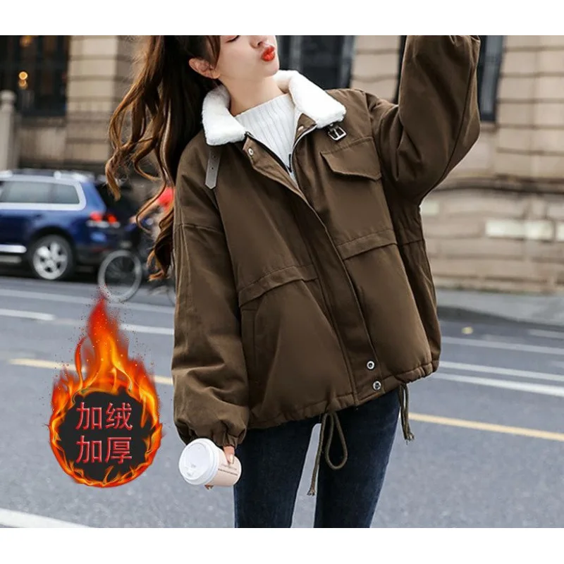 Thickened tooling jacket women's winter  autumn and winter new versatile lamb wool piled thickened splicing contrasting jacket