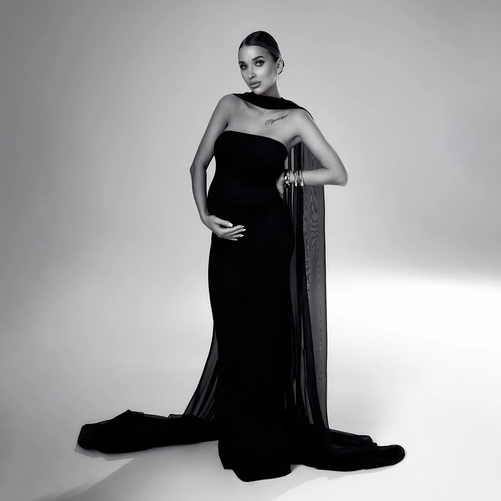 Black Shawl Maternity Photography Dresses Tube Top Pregnancy Photoshoot Gown Chiffon Veil Pregnancy Studio Posing Clothing view 5