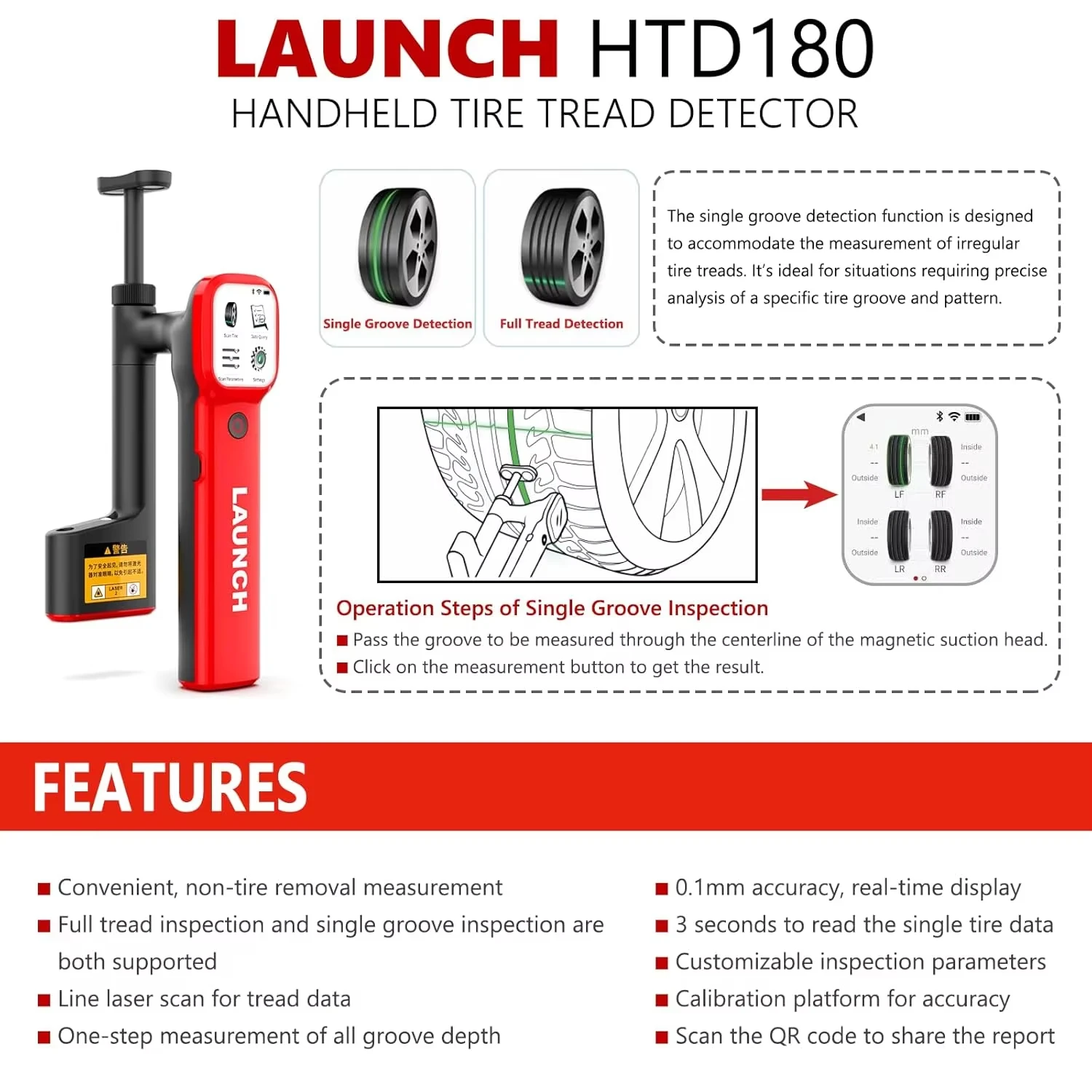 LAUNCH X431 HTD180 Reifentiefenmesser Laser-Scanner 0,1mm Genauigkeit Autoreifen-Verschleißprüfgerät Echtzeit-Detektionsanalyse – Detail 2