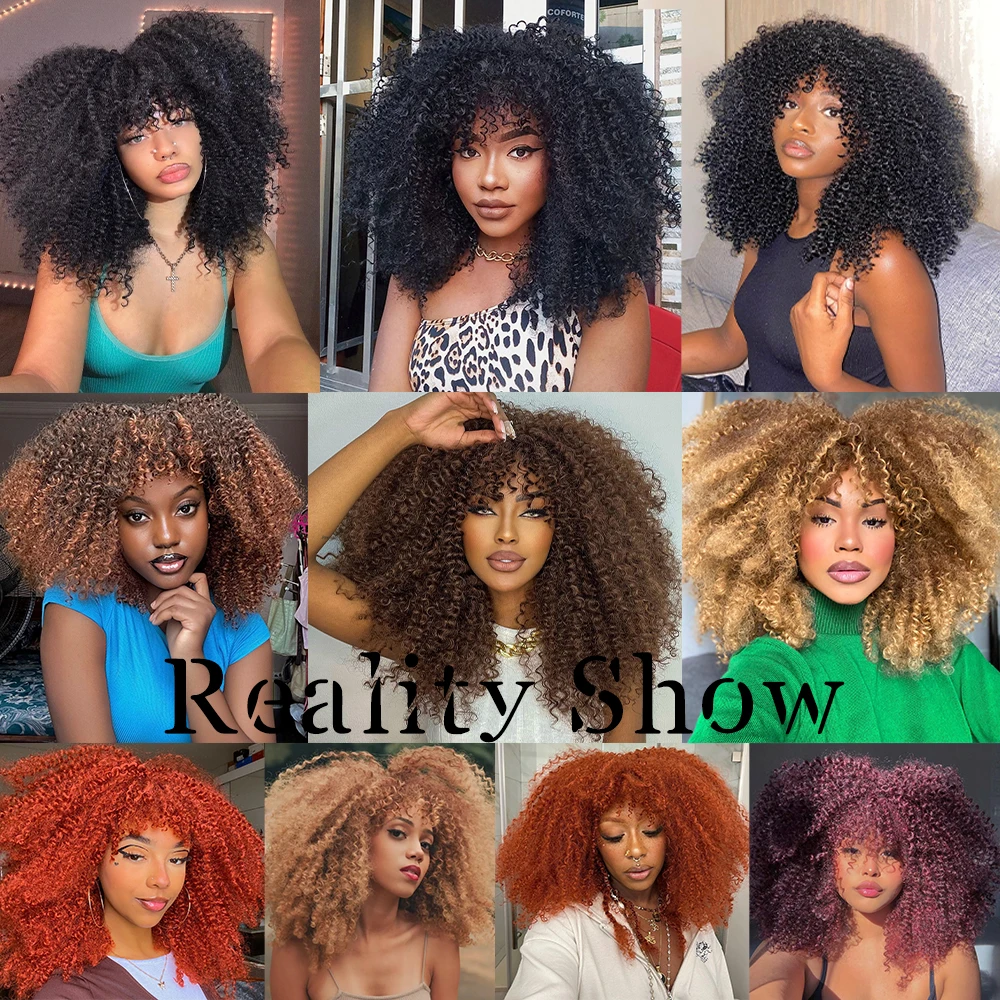 Curly Wigs For Black Women Short Kinky Curly Afro Wigs With Bangs 16 Inch Brown Afro Hair Synthetic Fibre Cosplay Hair