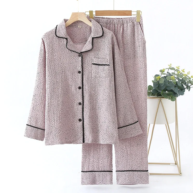 High Quality Cotton Pyjamas Suit Women's Spring And Autumn Gauze Lapel Two Piece Pajamas Set With Long Pants Home Service