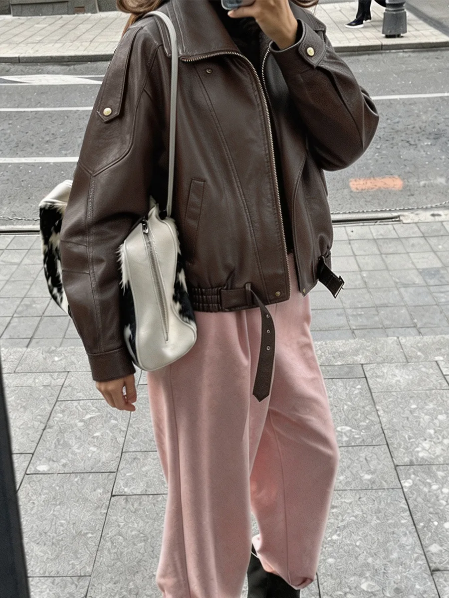 LIinar American-Style High-Street Design Notched Collar PU Leather Jacket 2026 Fall Winter Retro Oversized Trendy Leather Jacket
