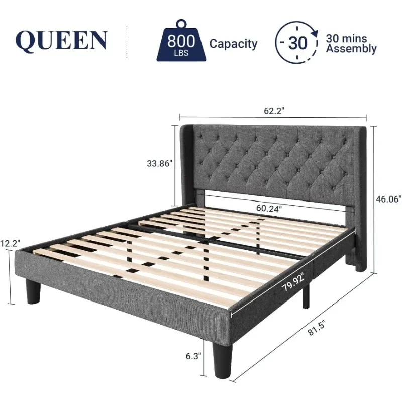 Queen Size Bed Frame with Button Tufted Wingback Headboard