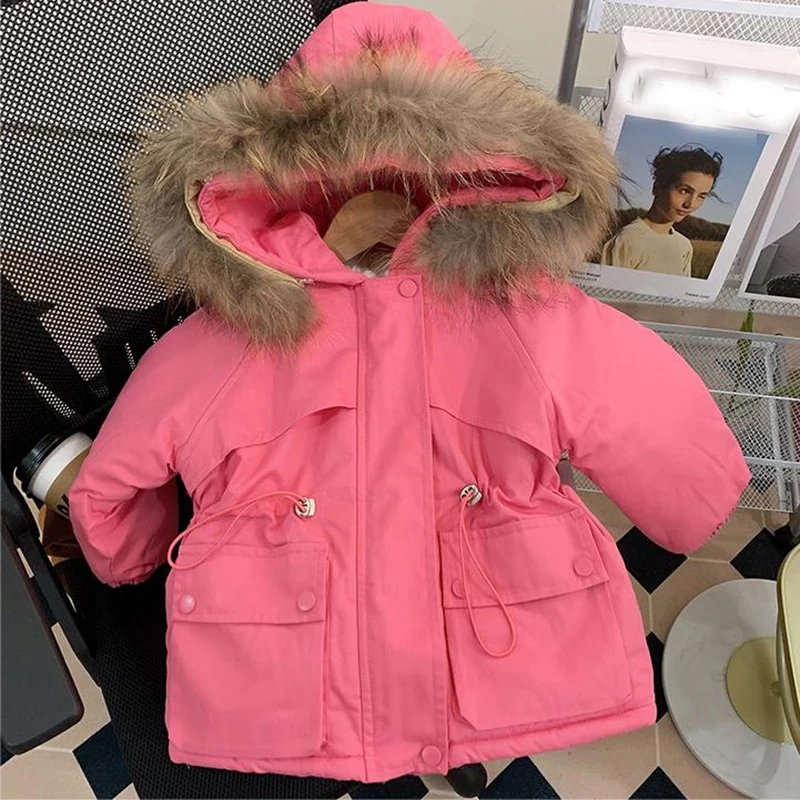 New Winter Girls Down Jacket Fur Collar Keep Warm Hooded Zipper Princess Outerwear Christmas Girls Coat 2-10 Years Kids Clothes