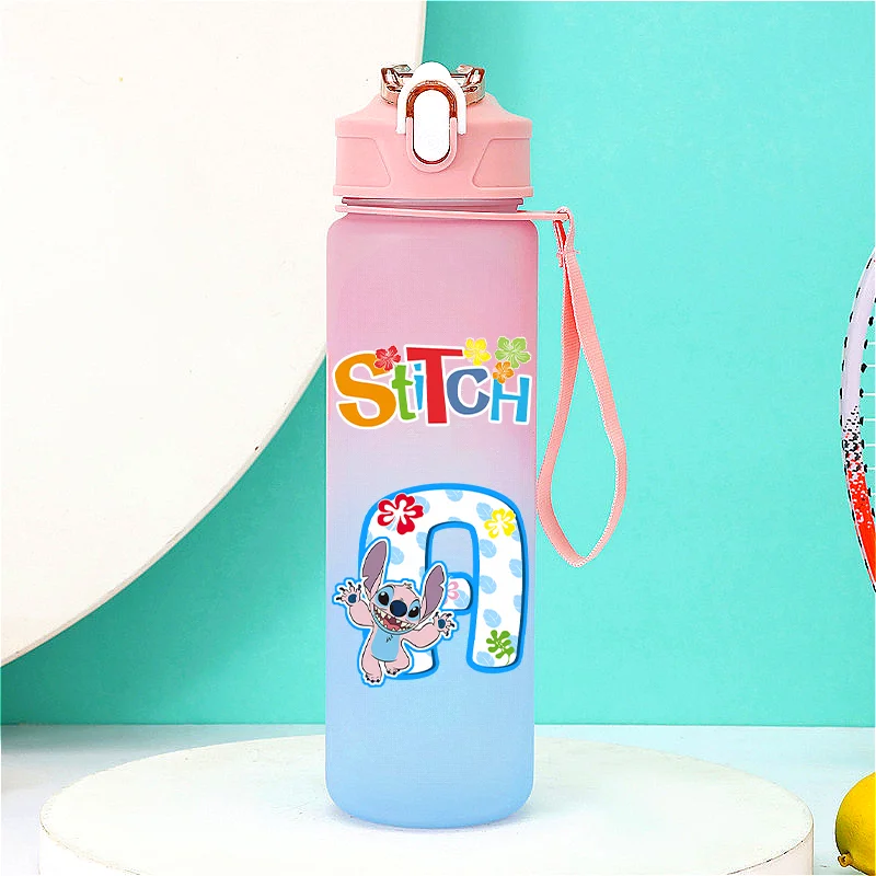 Lilo & Stitch 750ML 영어 알파벳 학생 애니메이션 그라디언트 밀짚 물병 성인 피트니스 컨버터블 밀짚 플라스틱 물병