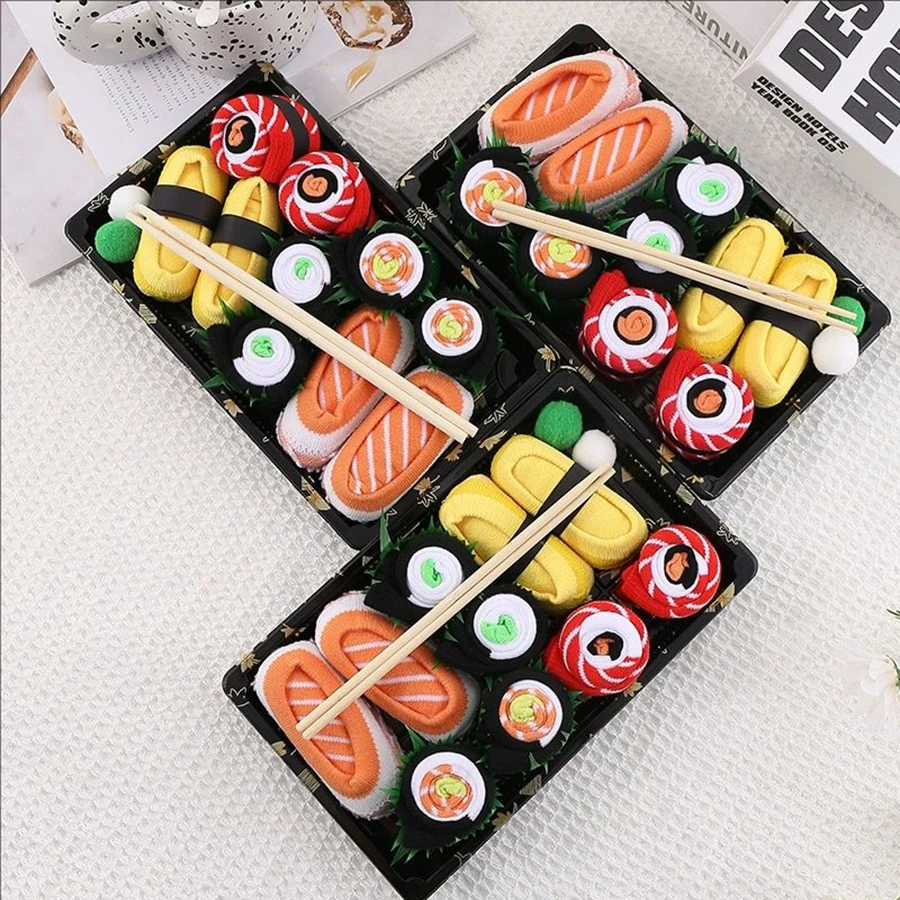 

5 Pairs of Novelty and Interesting Salmon Sushi Socks Gift Box Christmas Season Style