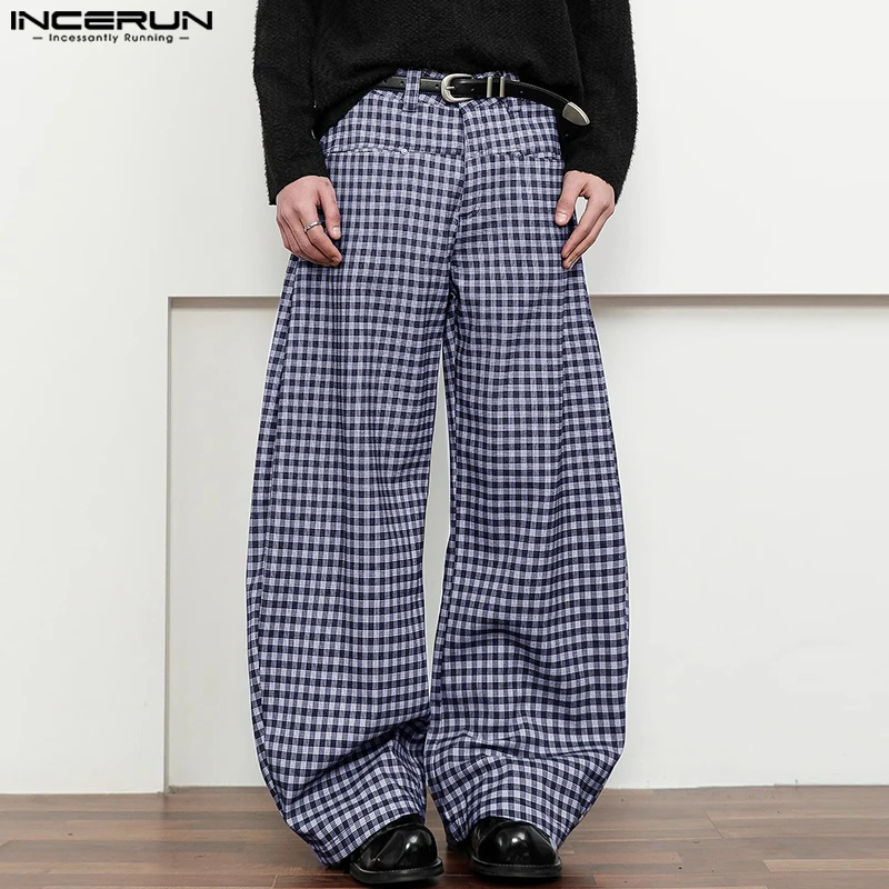 

INCERUN Men Plaid Pants Button Joggers Loose Casual Trousers Men Streetwear 2025 Fashion Leisure Male Wide Leg Long Pants S-5XL