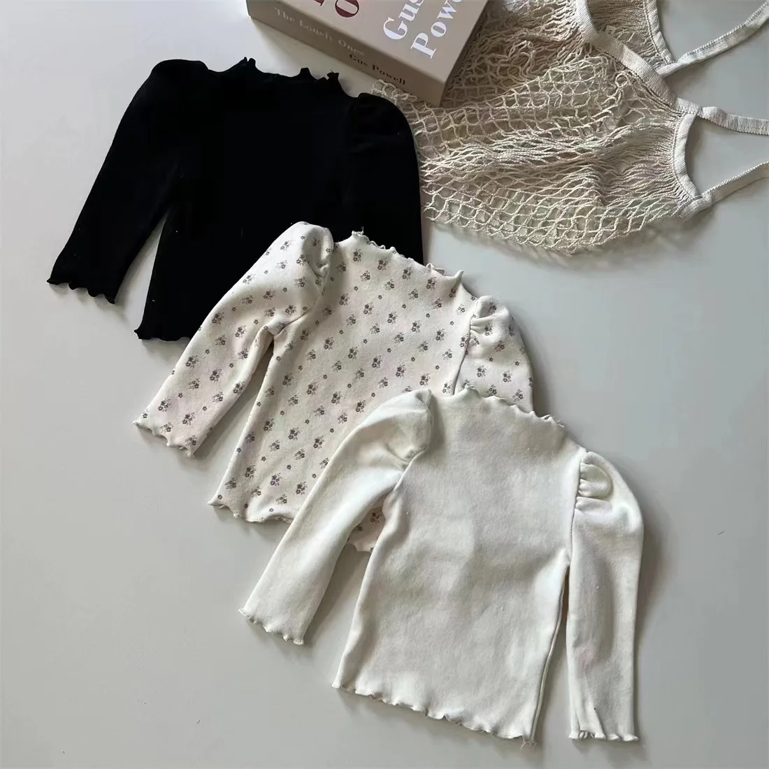 Baby Long Sleeve T-shirt 2024 Autumn Winter Boys and Girls Baby Soft and Comfortable Floral Solid Ruffles Collar Bottom Shirt