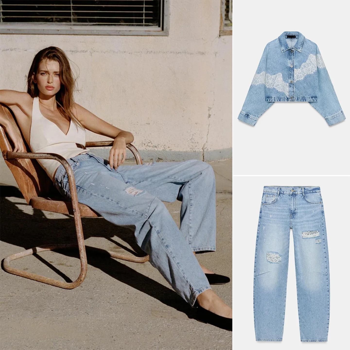 

Loose Fit Long Sleeve Collared Denim Jacket 6147059 Hole Decorated Loose Jeans 6147095 Fashionable Spring Summer Set for Women