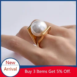 Vintage Baroque Gold Color Metal Hollow Exaggeration Finger Rings Big Pearls Rings for Women Girls Party Gift Fashion Jewelry