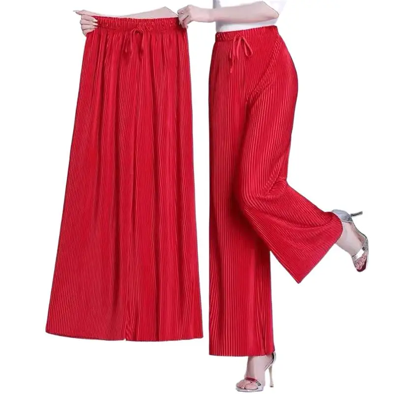 Pantalones de pierna ancha Vintage para mujer, pantalón plisado con cordón, informal, cintura alta, estilo coreano, recto, ropa de calle, nuevo