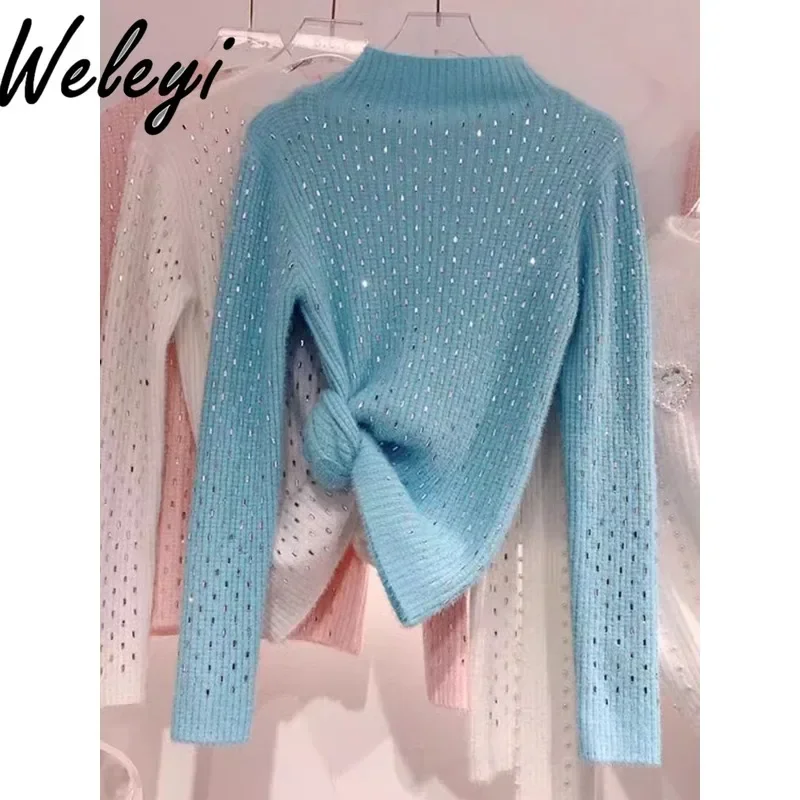 

Hot Drilling Knitwear Soft Waxy Mink Hair Knitted Sweater 2024 Winter New Premium Women's Inner Rhinestones Long Sleeve Top