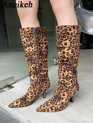 Aneikeh Quality Pointed High Cut Leopard Print Side Zipper High-heeled Women's Boots Straight Tube Knee High Long Boots Autumn