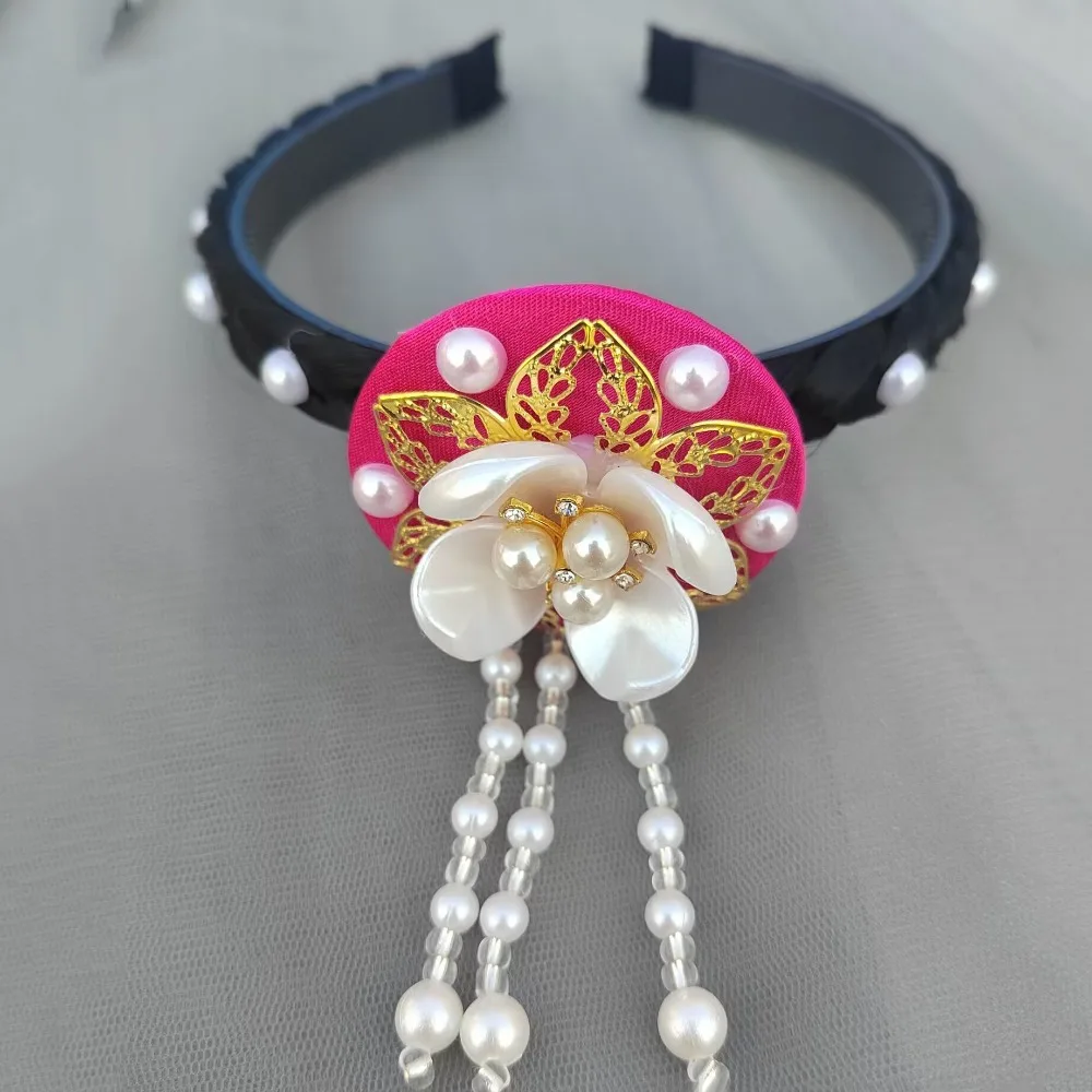 

Sweet Flower Korean Headband Tassels Pearl Hanbok Hairband Ethnic Style Headdress Stage Dance Hair Hoop Children