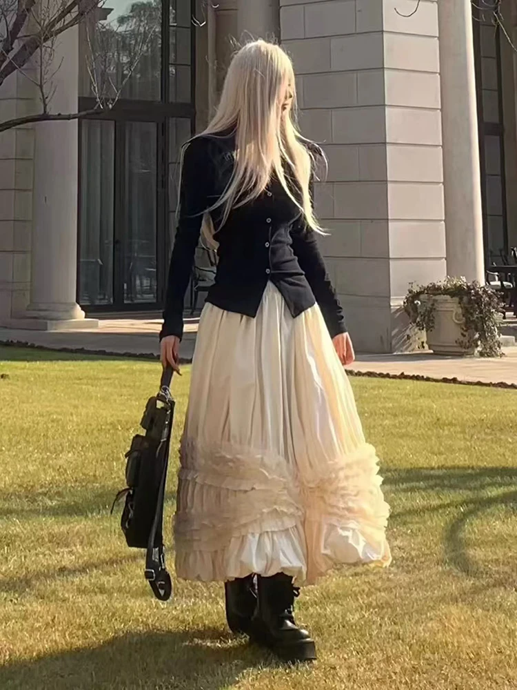 

Японские пышные юбки миди Y2K, женская осенне-зимняя милая юбка с оборками в стиле Лолиты, высокая талия, Kawaii, консервативная длинная юбка Mujer