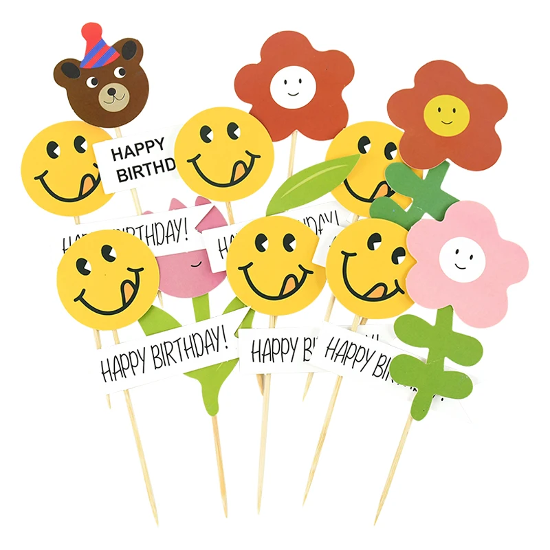 

3set Colorful Birthday Cake Decoration Heart-shaped Stars Bears Smiling Faces Flowers Birthday Cake Baking Dessert Decoration