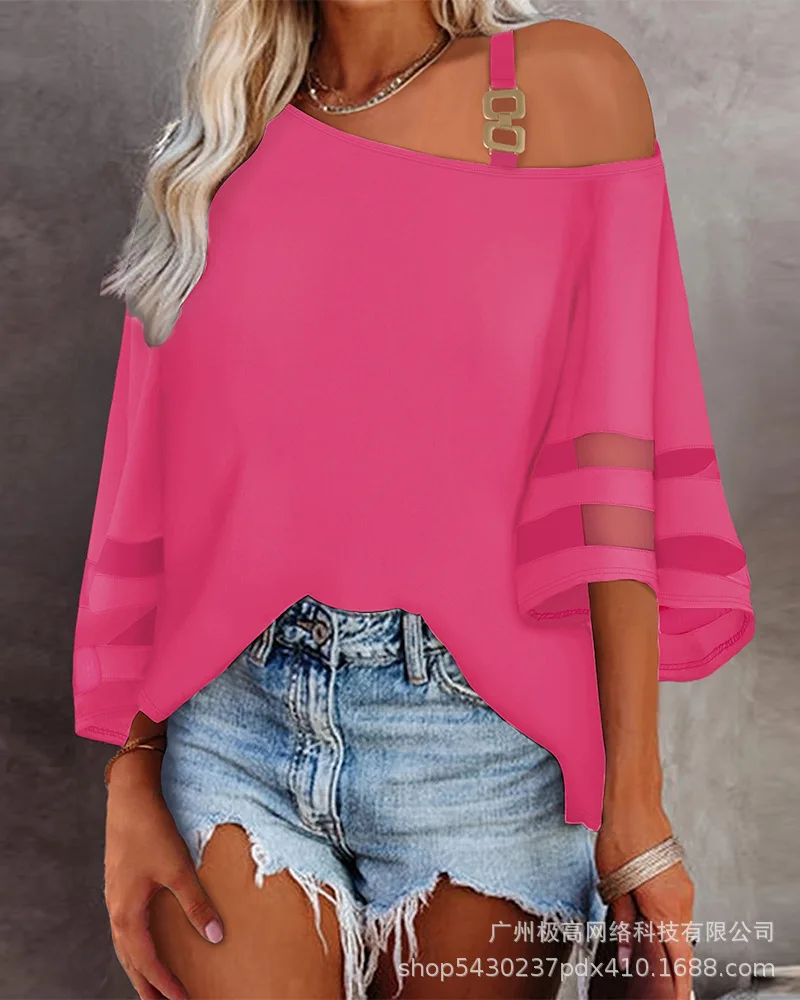 Hollow-out Bell Sleeve V-Neck Top Women Solid Color Fashion Casual Loose Summer Blouse Tops T Shirts Half Sleeve