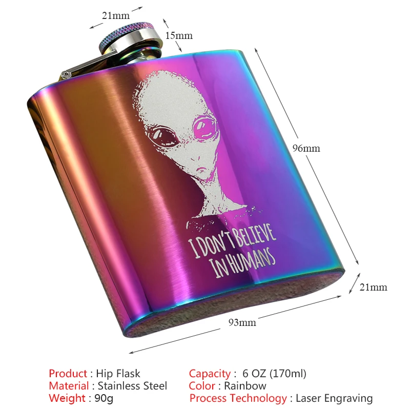 6 OZ Portable Gradient Color Rainbow Camping Stainless Steel Hip Flask Custom LOGO Laser Engraving Liquor Whiskey Wine Bottle