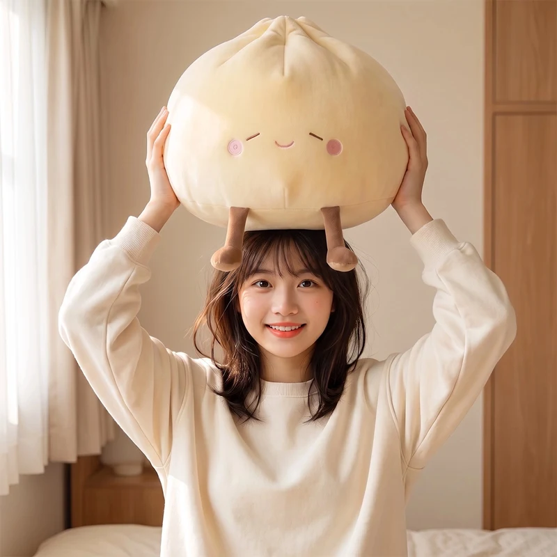 Plush Toy Pale Yellow Pink White Steamed Bun Cushion Scalloped Pleats Stitched Face Huggable Sofa Rest Birthday Reading Nook Pil