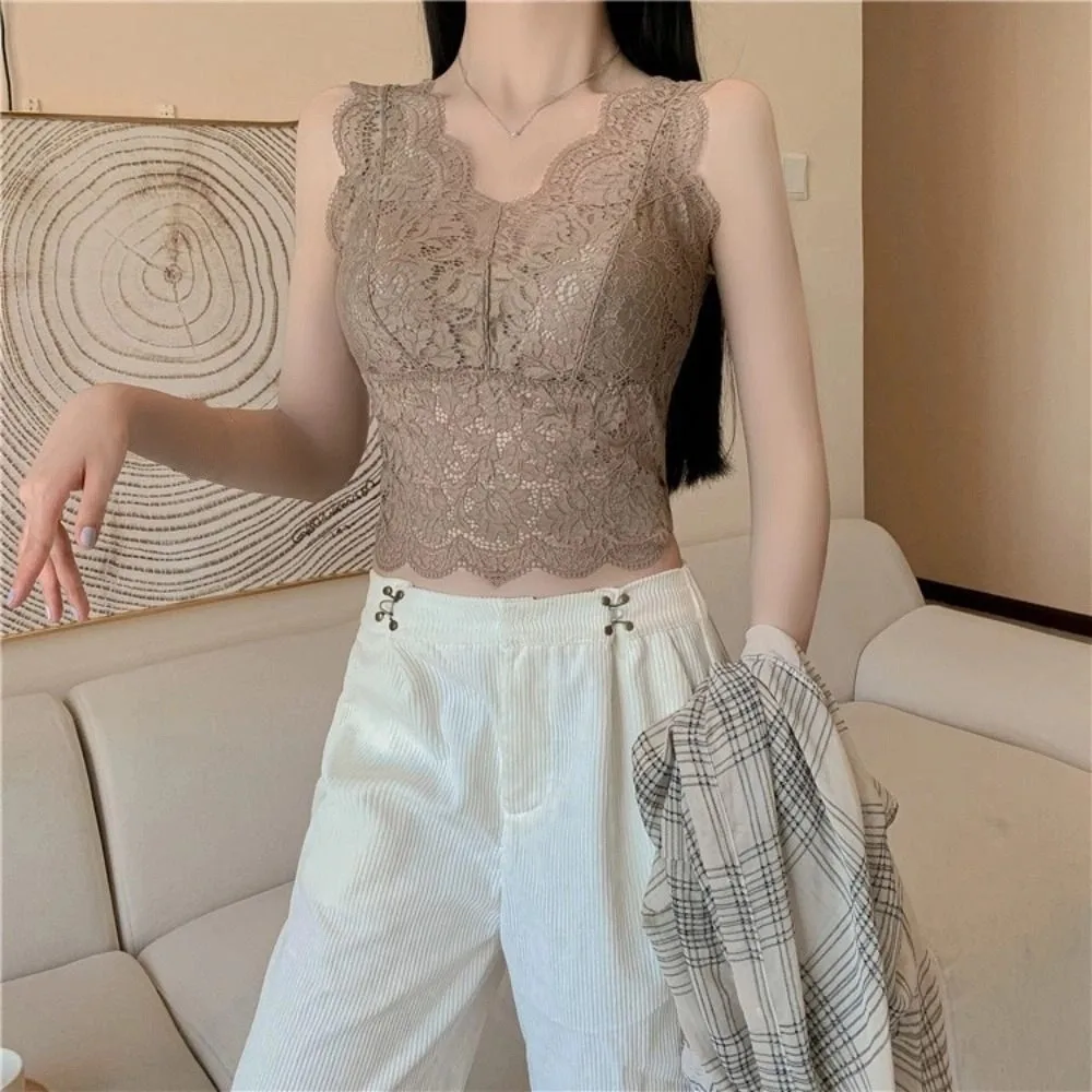 

Sweet Mesh Thin Lace Deep V Camisole Sleeveless Transparent Lace Crop Tops Slim Fit Undershirt Camisole with Pads Spring Summer