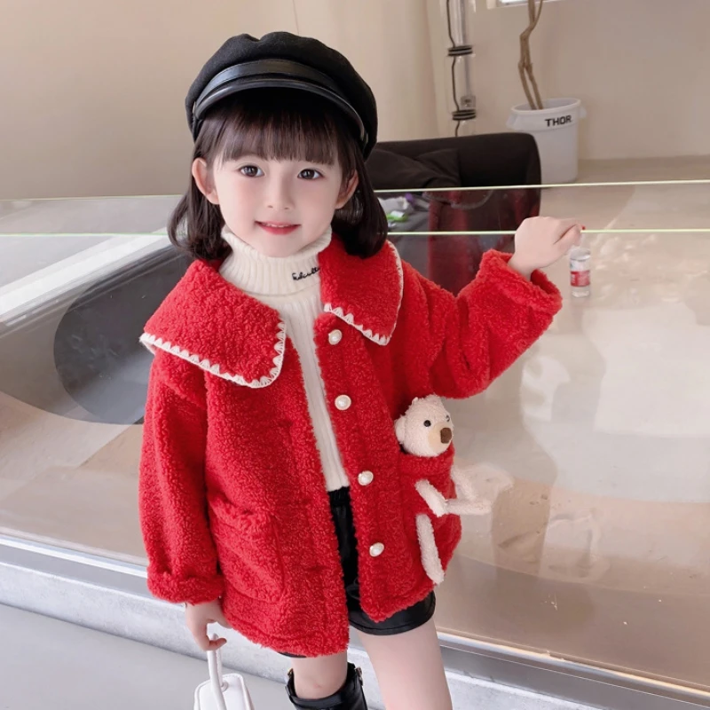 Autumn And Winter Girls Fleece Coat Solid Color Foreign Style Three-dimensional Bear Cashmere Cardigan Long Sleeve Coat