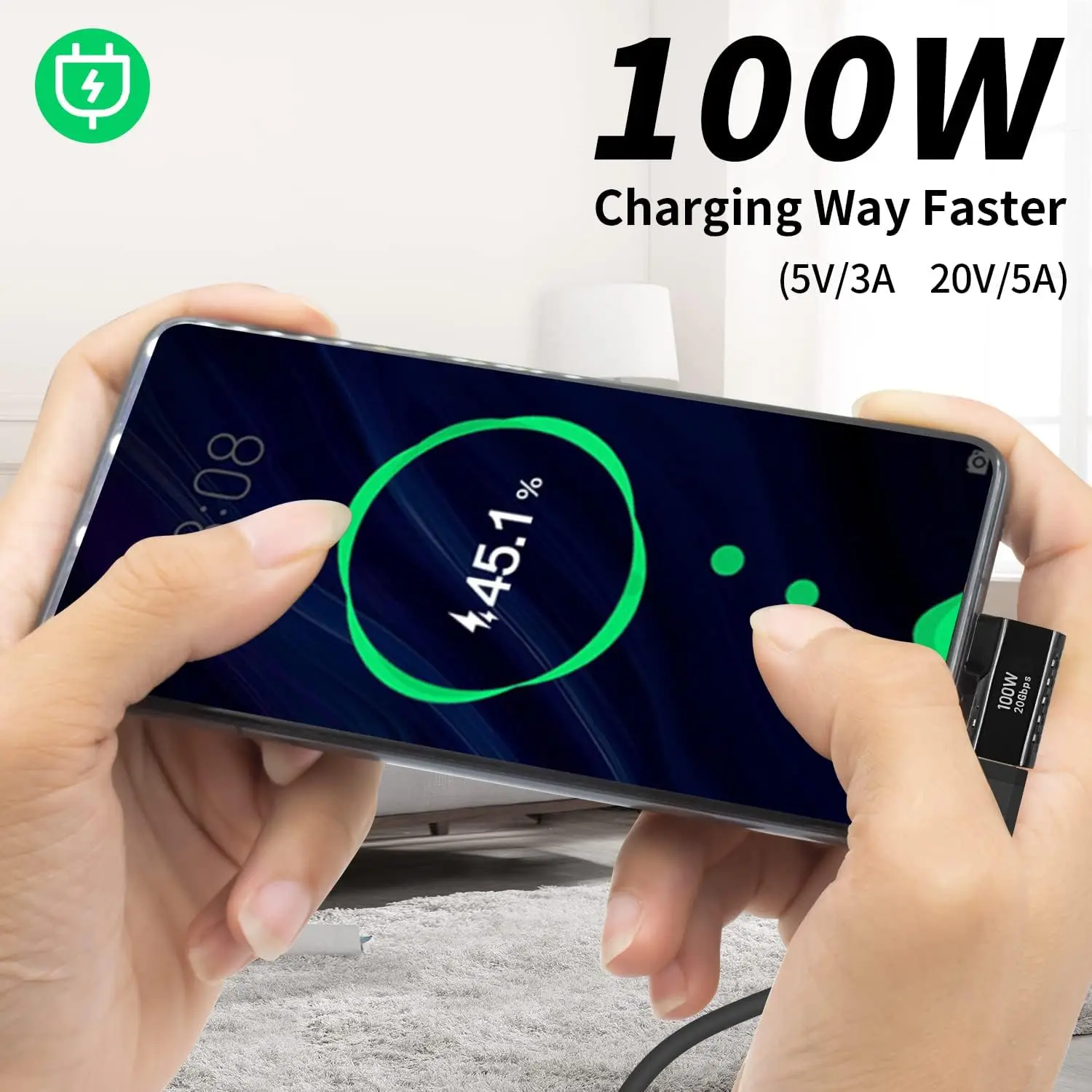 PD 100w, 90 Degreer USB Type C Male to Female Support 20Gbps Data Transfer for steam Deck Accessories, Laptop, Tablet 2 Pack