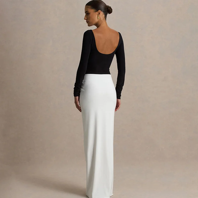 

Ticketsx Women Contrast Backless Long Dress Autumn Round Neck Patchwork Ruched Long Sleeve Dress Fashion Party Evening Dress