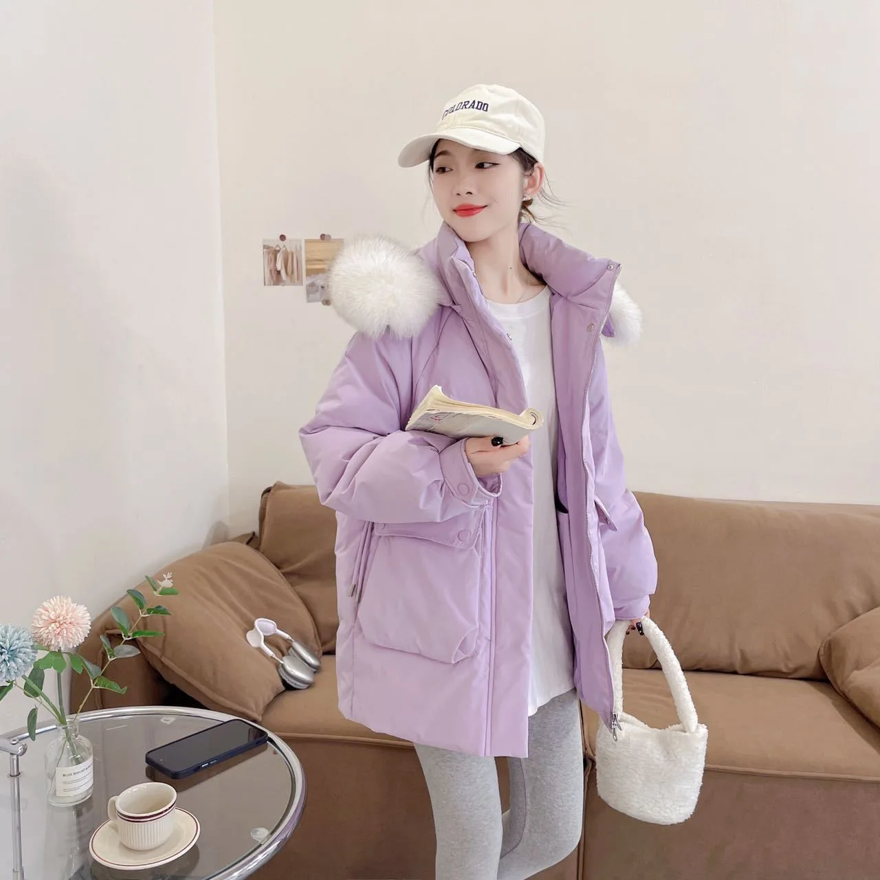 الشتاء معطف الفرو الكبير الأبيض بطة أسفل سترة المرأة متوسطة طويلة أسفل الثلوج سترة كبيرة فو الفراء معطف سميكة بطة بيضاء أسفل معطف #3