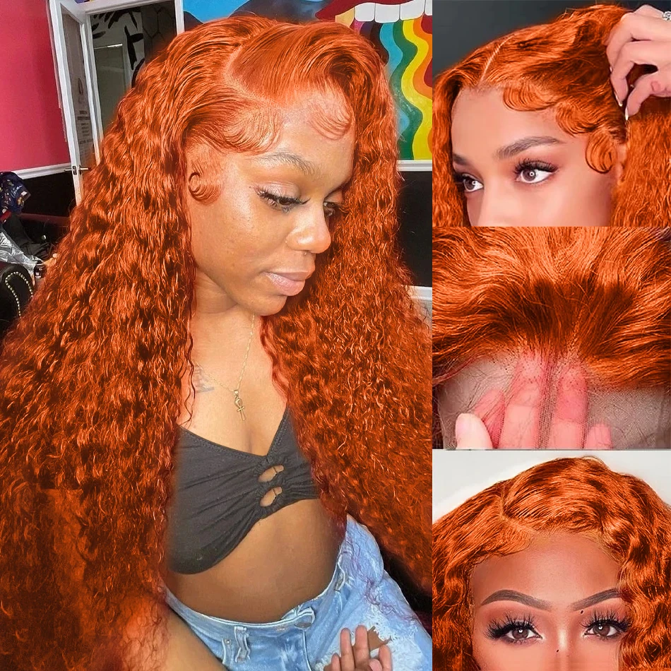 Ondinay-Peluca de cabello humano rizado con encaje Frontal para mujer, postizo de 36 y 40 pulgadas con ondas profundas, color naranja jengibre,