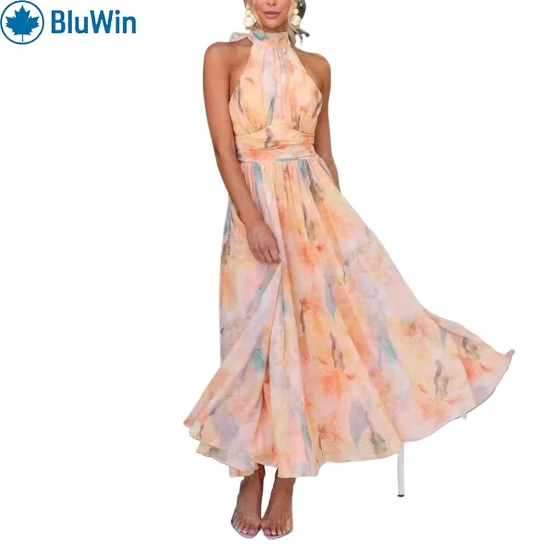 Sukienka BluWin&ZAF w stylu francuskim, kwiatowa, dopaminowa, damska, kolorowa sukienka maxi na ramiączkach, elegancka letnia sukienka na imprezę.