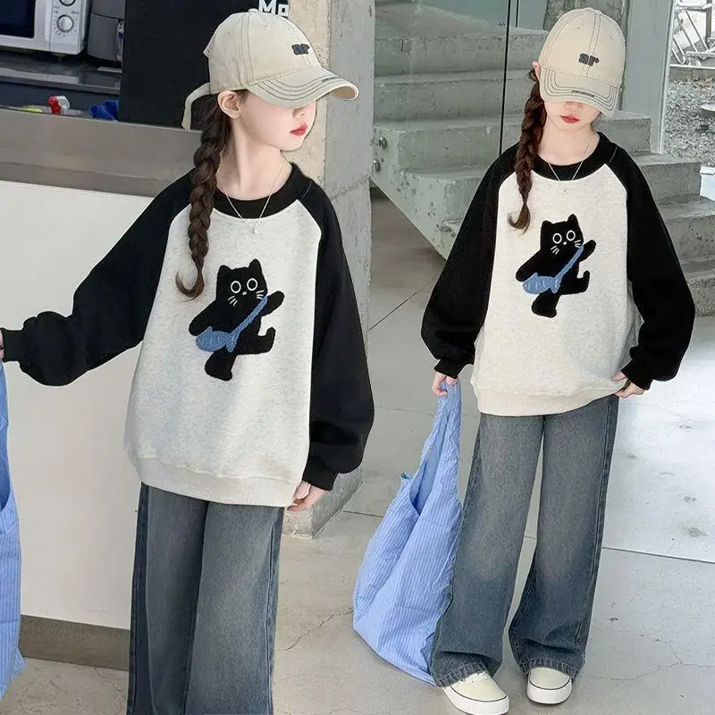 

Торс с героями мультфильмов для девочек, новая модная весенне-осенняя футболка с длинными рукавами и цветными блоками, тонкий пуловер, повседневная стильная детская одежда