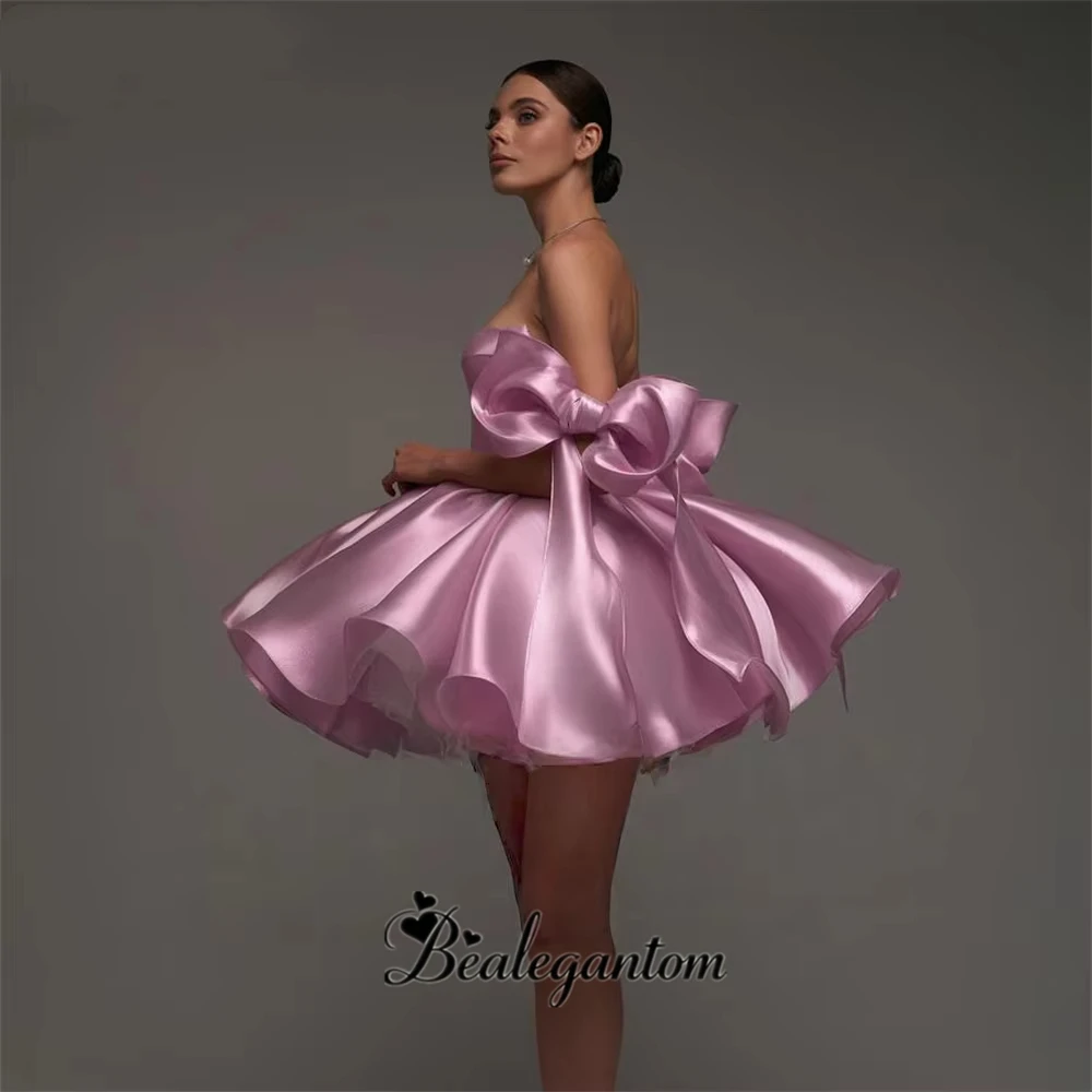 Bealegantom Pink Chic Homecoming Dresses 2025 Sweetheart Satin Short Prom Dress with Voluminous Skirt and Bows Hoco Dress H19 image 2