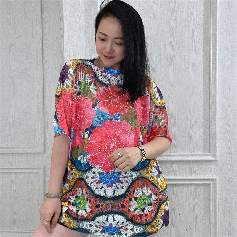 Women's Luxury Printed Diamond Knitted T-shirts, Loose Casual Floral Tops, Ladies Summer Clothes, Korean Fashion image 3