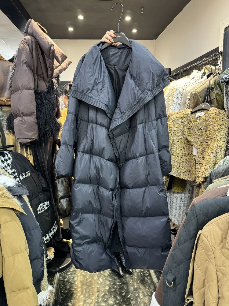 겨울 유로 신상 여성 다운 자켓 루즈핏 출퇴근 카라 스트랩 롱 다운 자켓