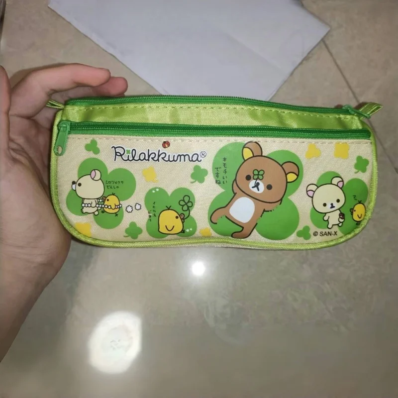 2025 Hot Sale Kawaii Rilakkuma Clover Canvas Print Pencil Case High Capacity Cosmetic Storage Bag Cartoon Anime Periphery Gifts