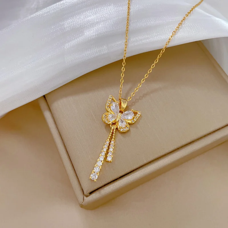Exquisite Micro Inlaid Zircon Butterfly Tassel Necklace for Women Stainless Steel Heart Shell Pendant Necklace Wedding Jewelry
