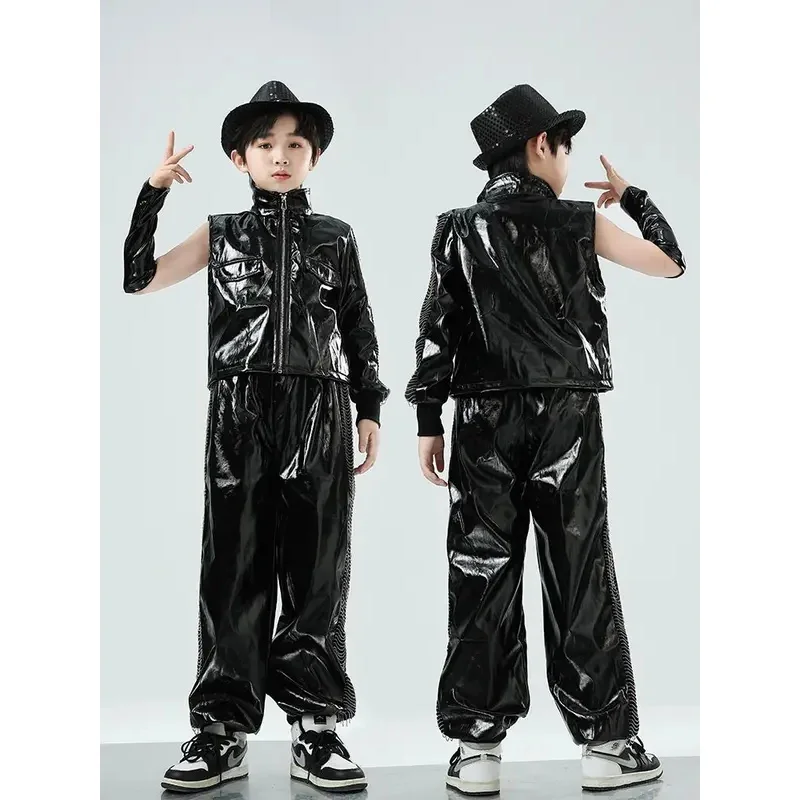 سراويل سترة جلدية سوداء للفتيات والأولاد أزياء الجاز للأطفال ملابس Kpop ملابس الهيب هوب ملابس مهرجان الأداء المسرحي
