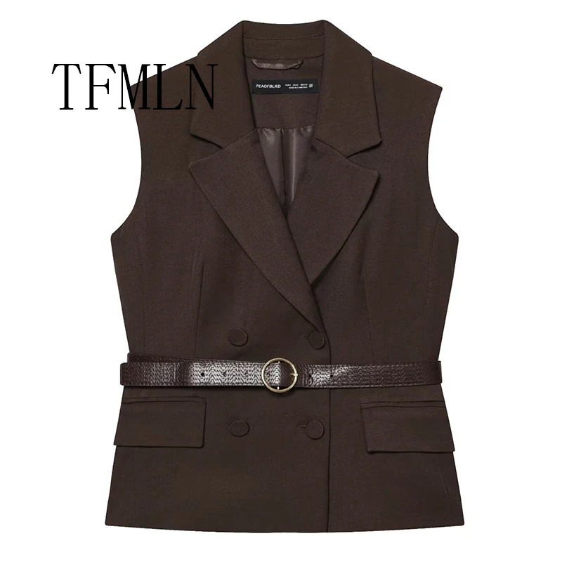 

TFMLN Women Autumn Commute Belt Vest Top 2025 Fashion Office Lady Sleeveless Coat With Belt Outwear