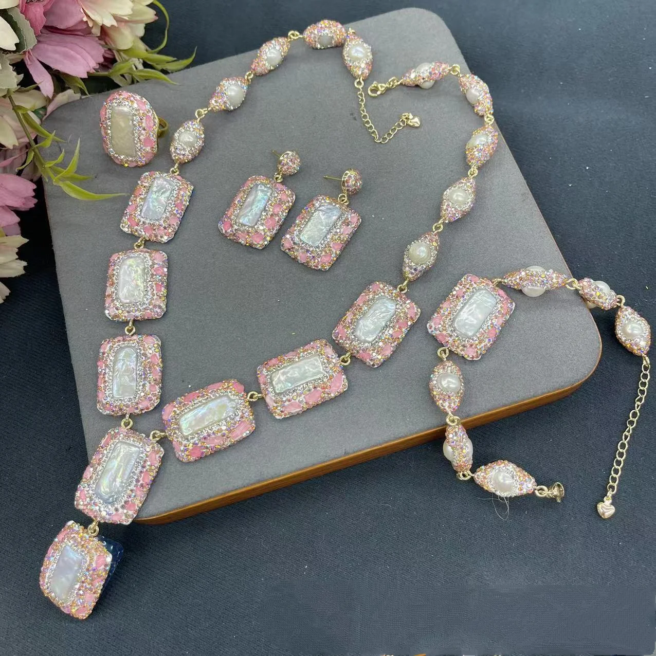 Baroque Pearl Natural Stone Crystal Necklace Bracelet Earrings Ring Exaggerated Personalized Charm Geometric Women Jewelry Set