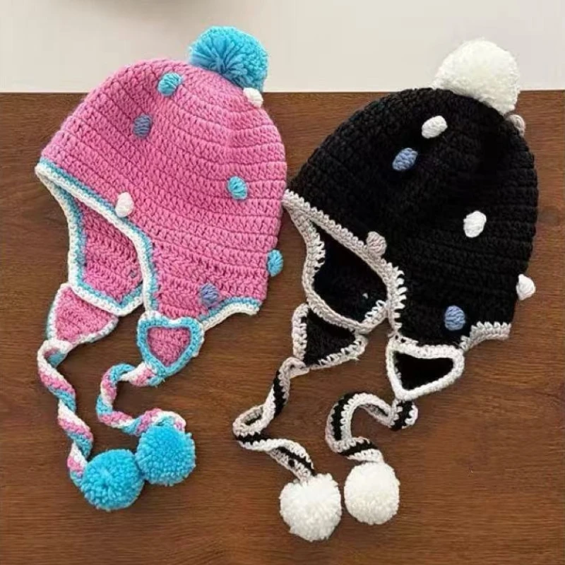 

Милые меховые вязаные шапки-ушанки для женщин, зимний пуловер, шапка Лей Фэн, теплая и морозостойкая шапка-бомбер