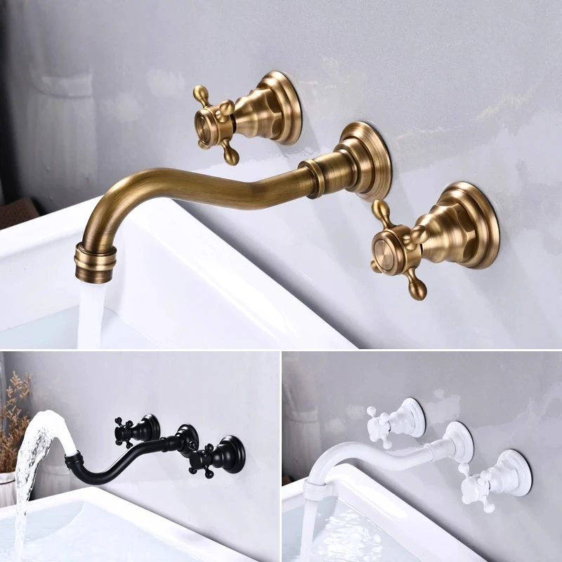 

Retro Antique Brass Basin Faucet Wall-Mounted Dual Handles Hot and Cold Mixer Tap for Bathroom Retro Wall Brass Basin Mixer