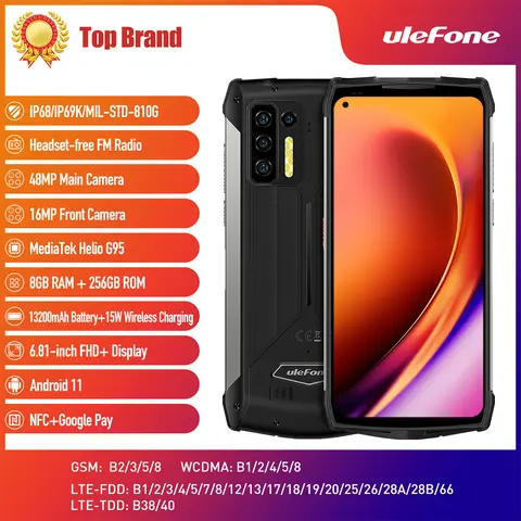 Version mondiale Ulefone Power Armor 13 13200mAh téléphone portable robuste étanche 8GB + 256GB Android 11 Smartphone NFC OTG téléphone portable