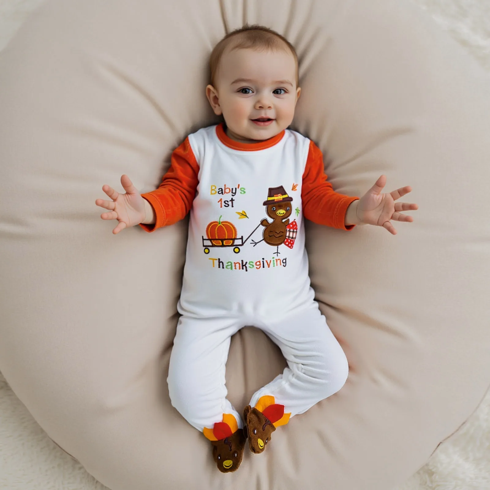 

Newborn Clothes Baby Thanksgiving Romper Long Sleeve Pumpkin Letter Embroidery Footed Jumpsuit Baby Clothing